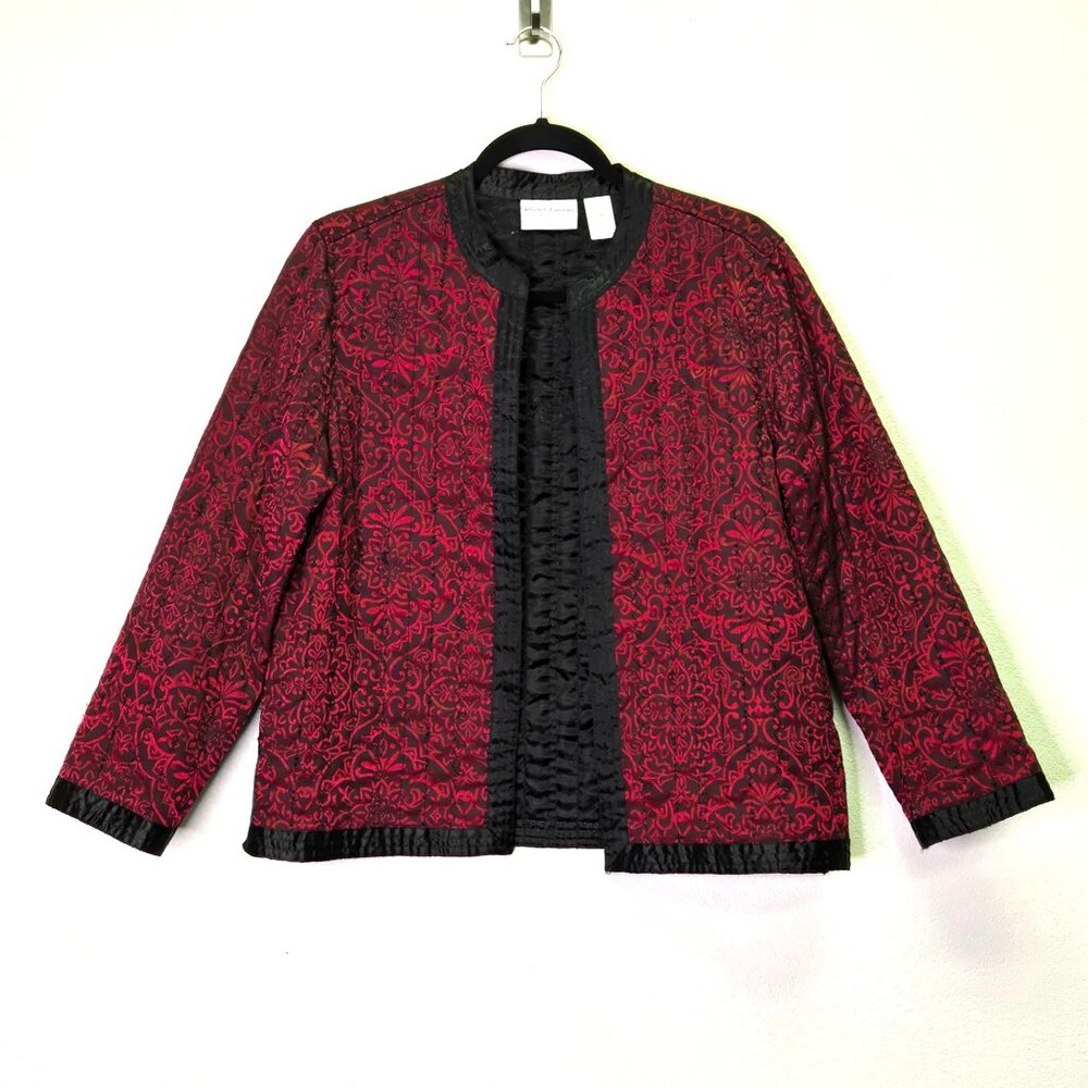 Alfred Dunner Petite Satin Jacquard‎ Jacket Red Black Ornate Open Front 12P